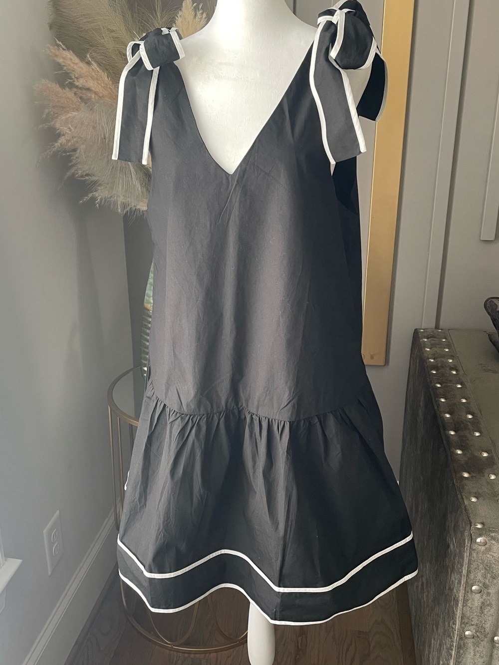Black Tie-Shoulder Midi Dress with White Trim